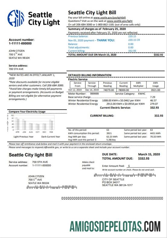 Para baixar modelo de conta de serviços públicos de luz da cidade de Washington Seattle nos EUA em formato Word e PDF